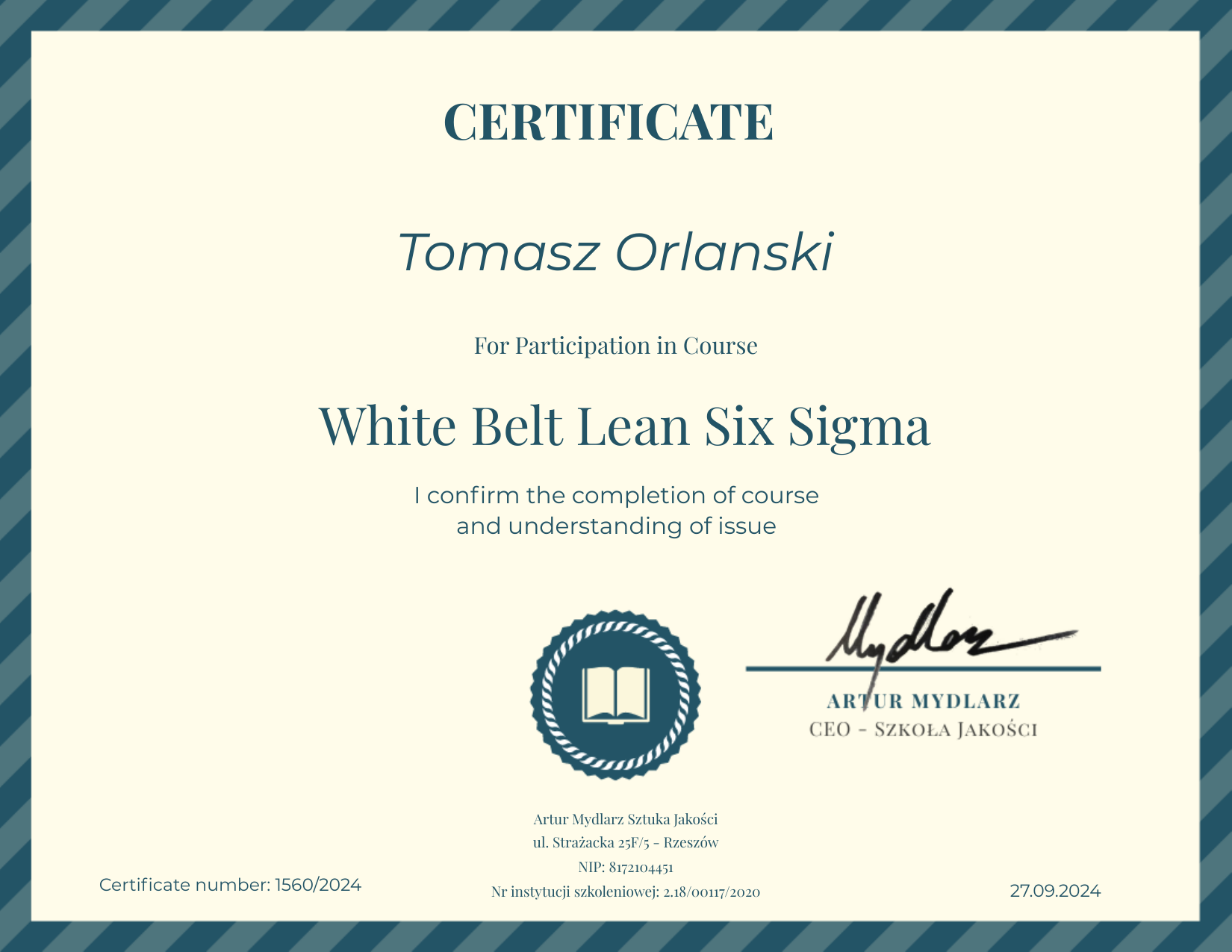 Certificate White Belt Lean Six Sigma